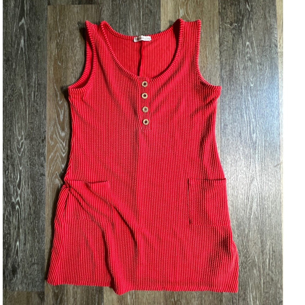Zenana Henley Mini Dress Women Medium Red Ribbed Sleeveless Pocket Stretch
